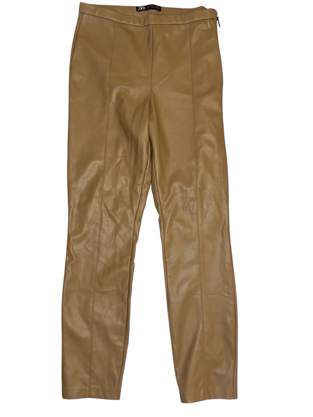 Zara Camel Faux Leather Straight-Leg Pants, Tan, side zip, lined, Sz L women’s